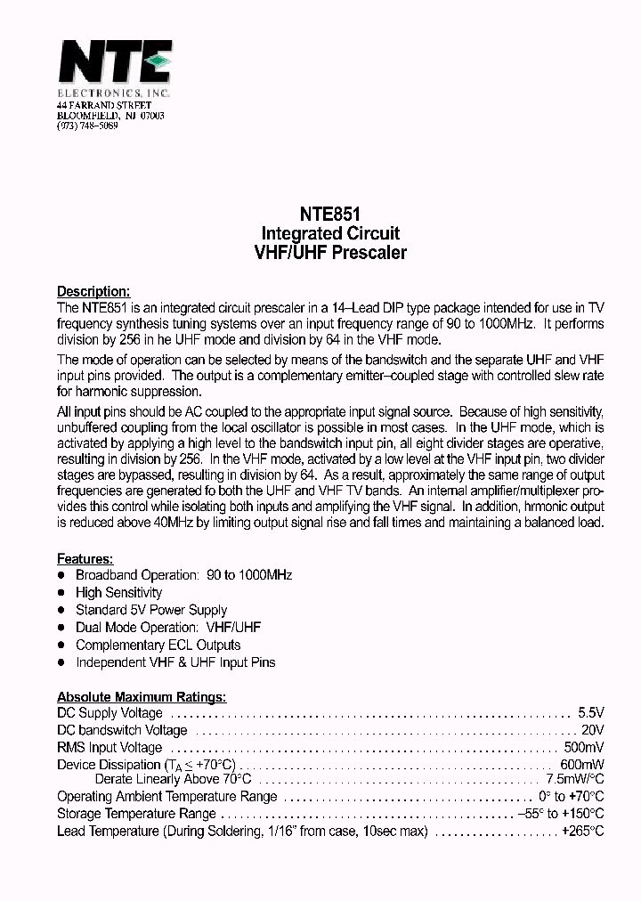 NTE851_294949.PDF Datasheet