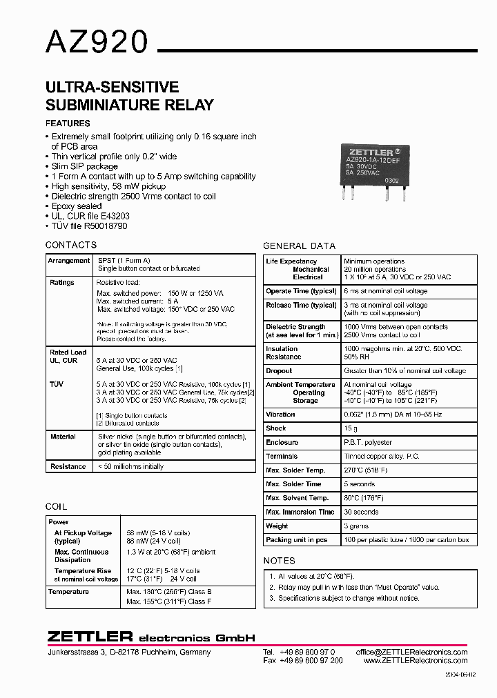 AZ920-1A-9DE_1215168.PDF Datasheet