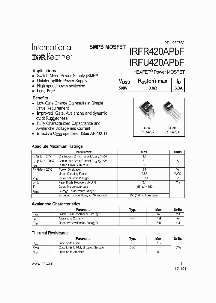 IRFR420APBF_1145649.PDF Datasheet