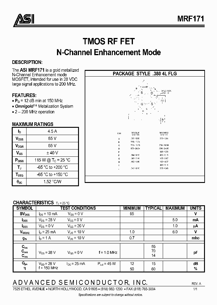 MRF171_1283465.PDF Datasheet