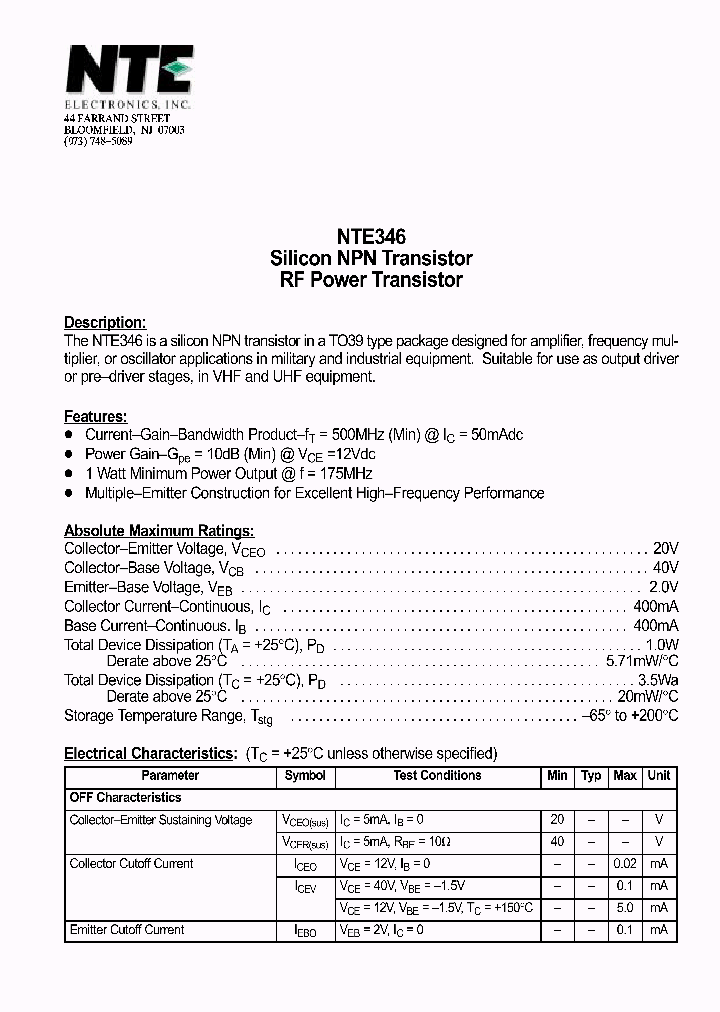 NTE346_1290859.PDF Datasheet