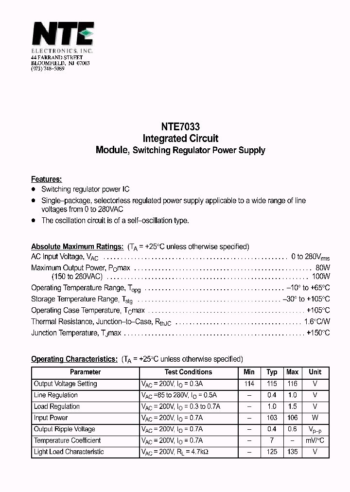 NTE7033_1291197.PDF Datasheet