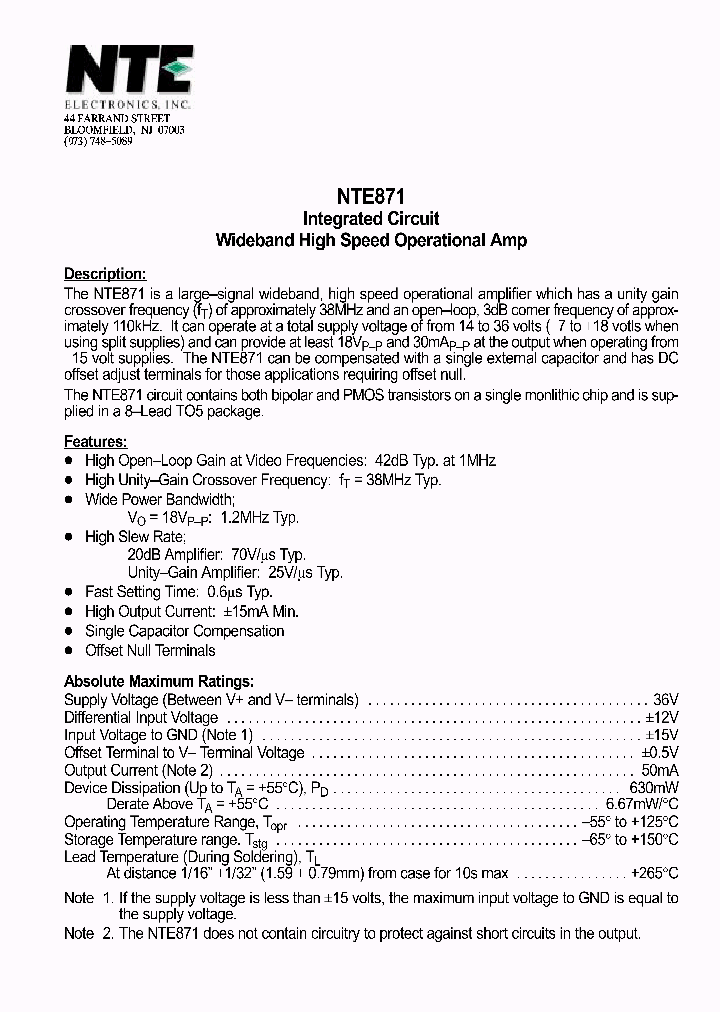 NTE871_1291356.PDF Datasheet