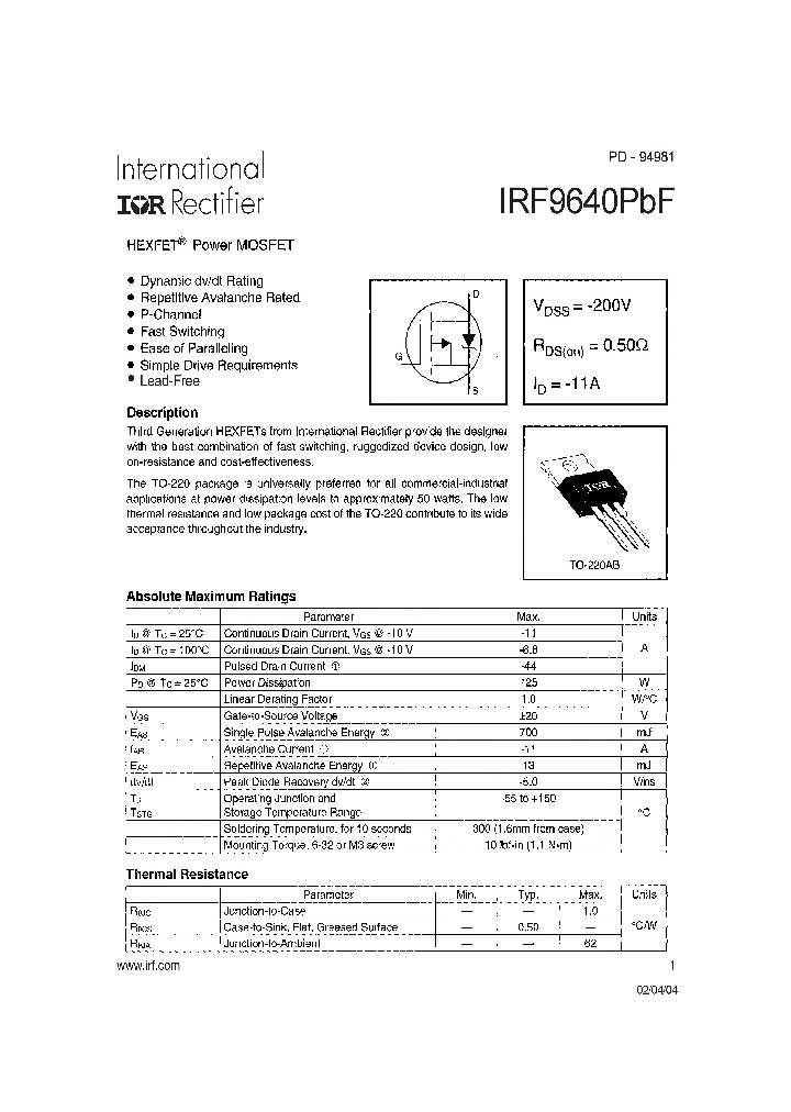 IRF9640PBF_4150687.PDF Datasheet