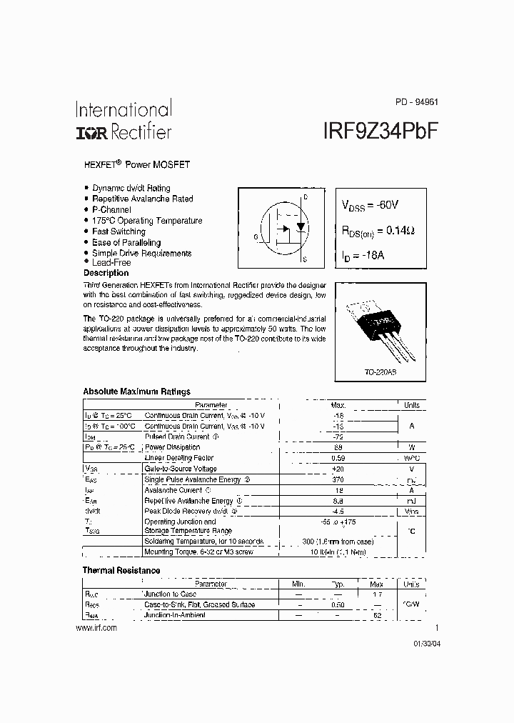 IRF9Z34PBF_4130158.PDF Datasheet