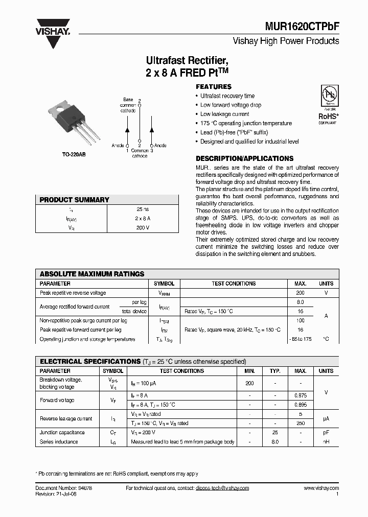 MUR1620CTPBF_4852896.PDF Datasheet