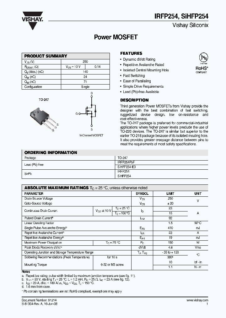 SIHFP254-E3_4331827.PDF Datasheet