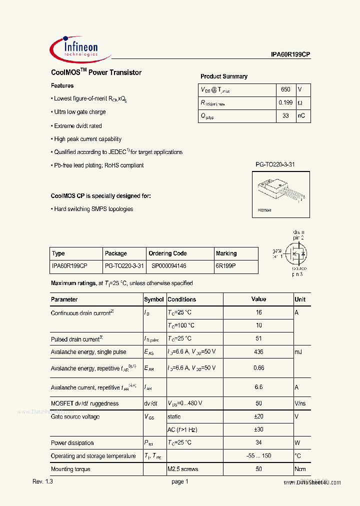 IPA60R199CP_148717.PDF Datasheet