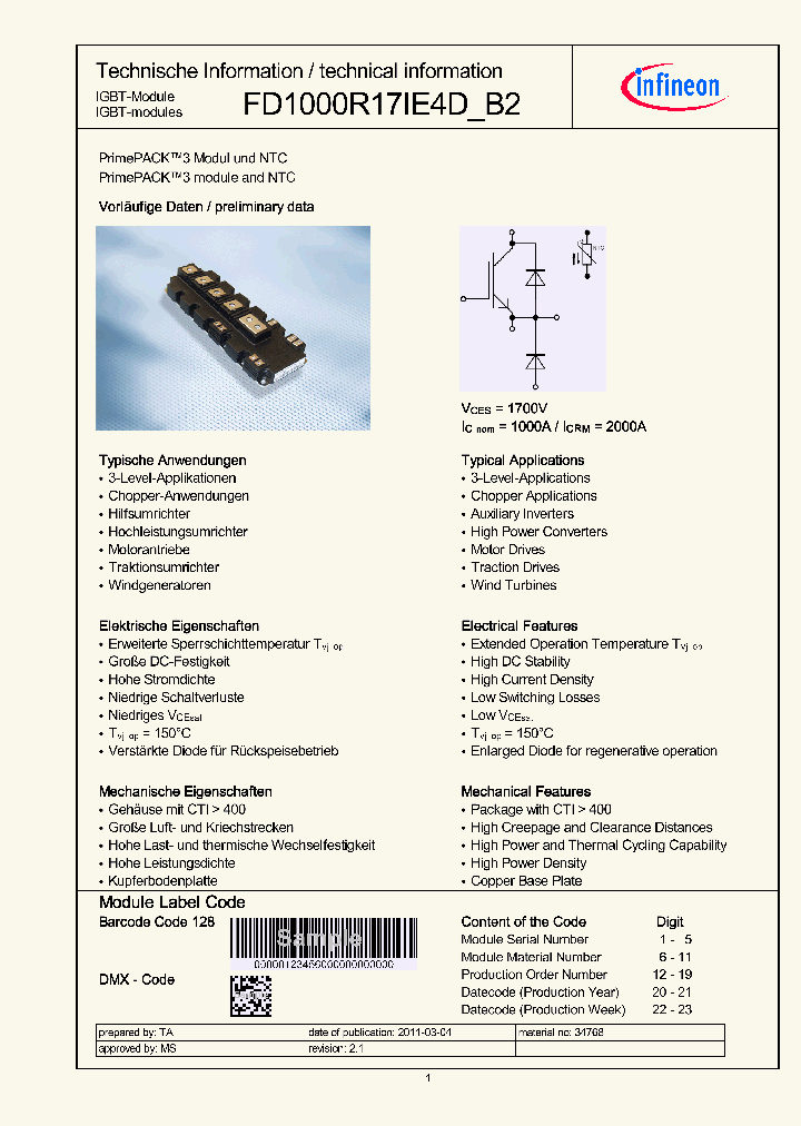 FD1000R17IE4DB2_327501.PDF Datasheet