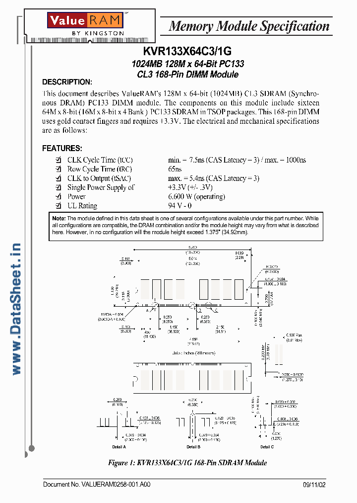 KVR133X64C31G_2305584.PDF Datasheet