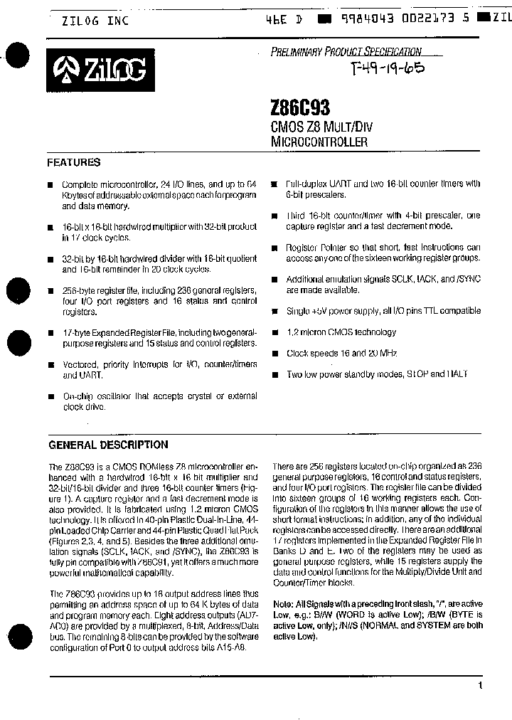 Z86C93-20PEC_3276748.PDF Datasheet