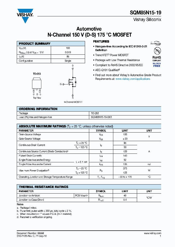 SQM85N15-19-GE3_3904535.PDF Datasheet
