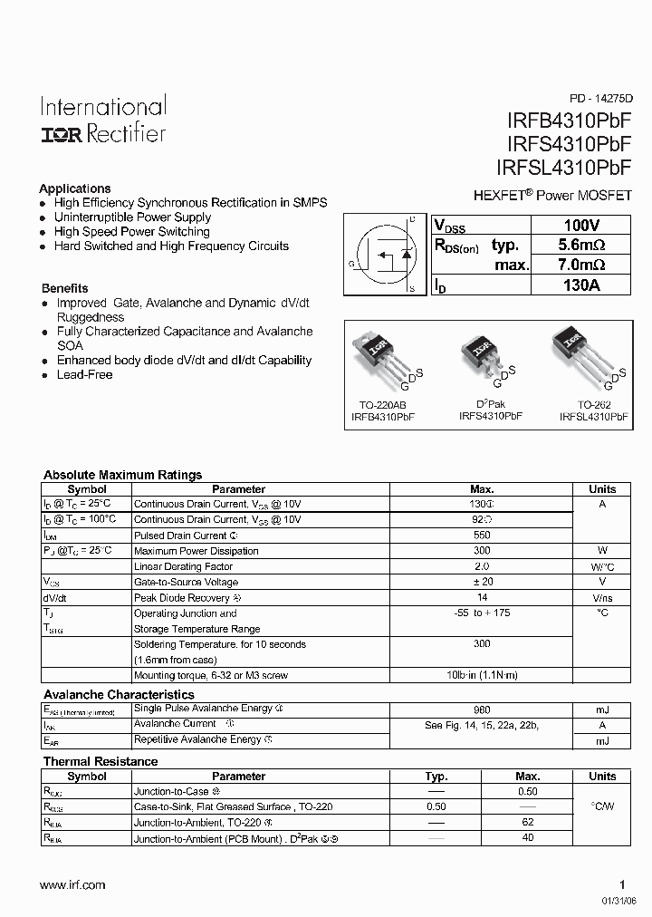 IRFS4310PBF_6033340.PDF Datasheet