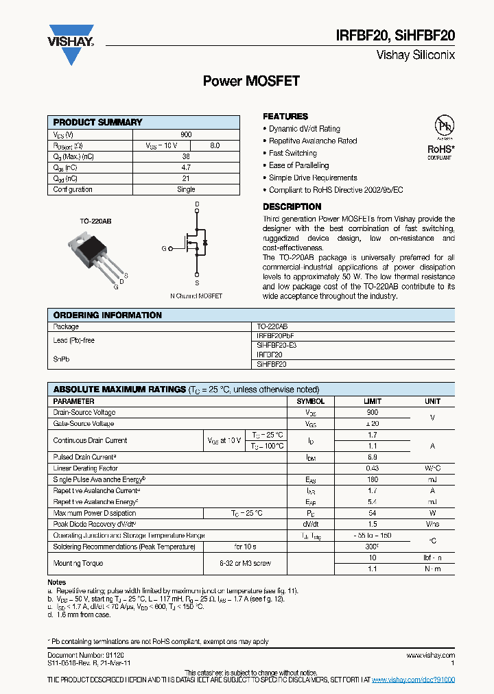 IRFBF20PBF_6655971.PDF Datasheet