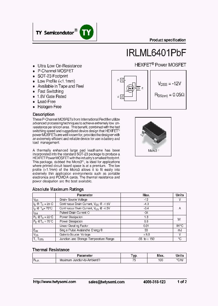 IRLML6401TRPBF_6976602.PDF Datasheet