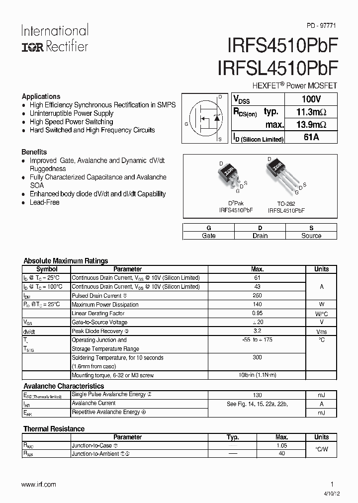 IRFSL4510PBF_7999444.PDF Datasheet