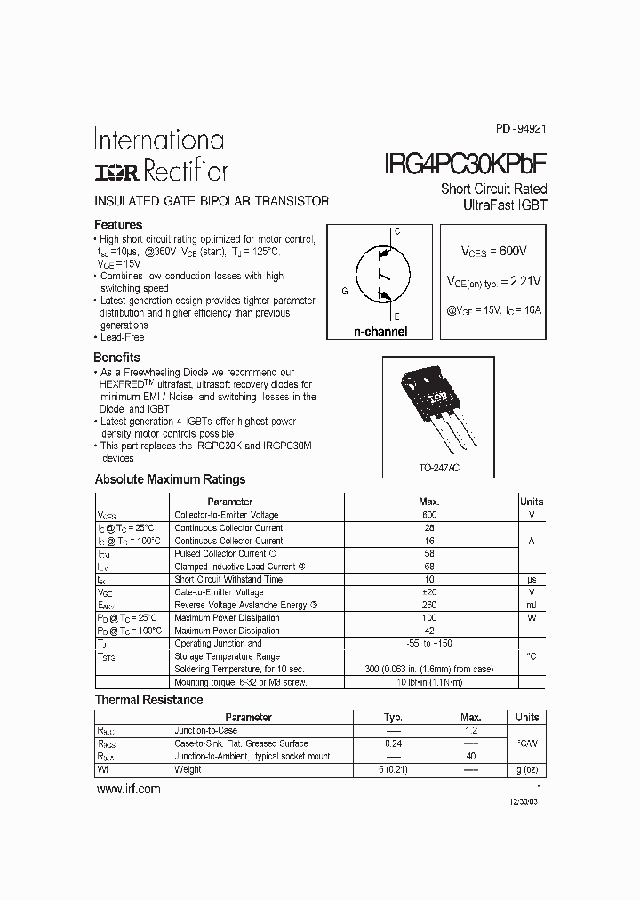 IRG4PC30KPBF-15_8253119.PDF Datasheet