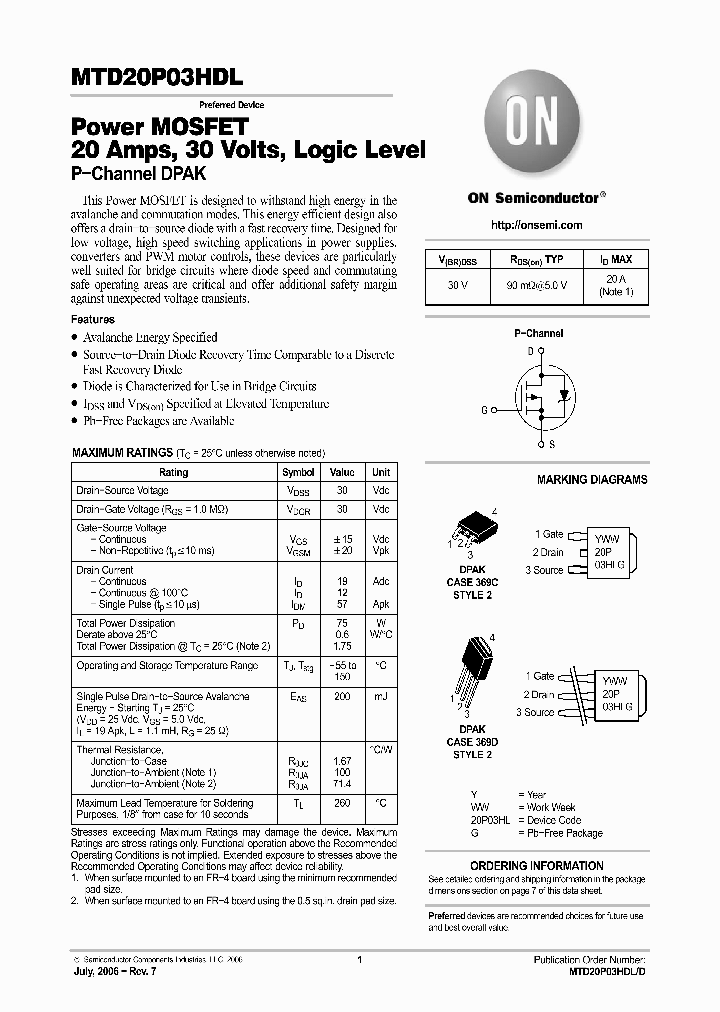 MTD20P03HDL1G_8290551.PDF Datasheet