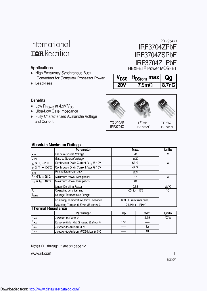 IRF3704ZSTRLPBF_8886218.PDF Datasheet