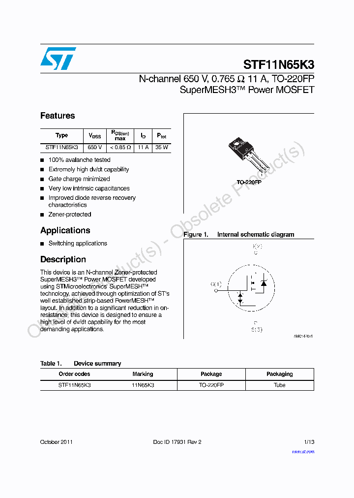 STF11N65K3_9048627.PDF Datasheet